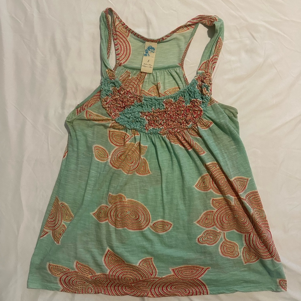 Anthropologie Green and Orange Floral Tank Top